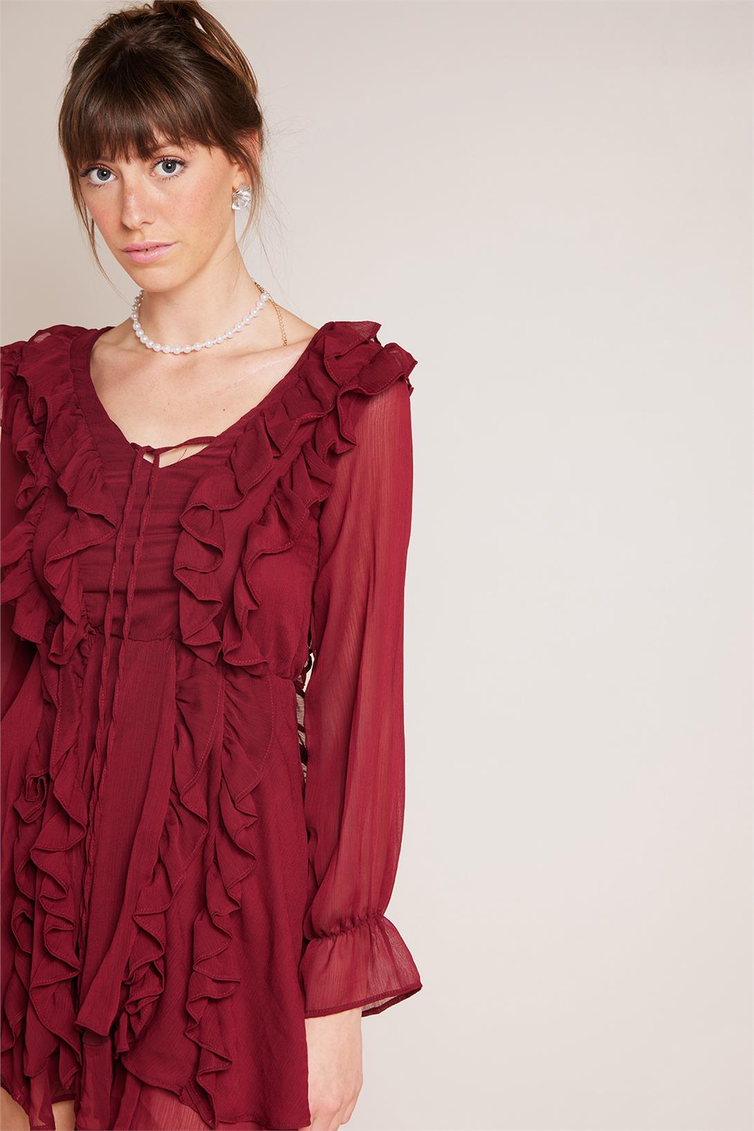 Nisan  FIRFIR DETAYLI KISA ELBİSE BORDO N25-2103