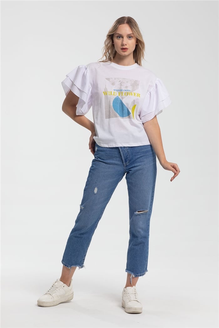 Nisan Fırfırlı T-Shirt  BEYAZ  N21-1045