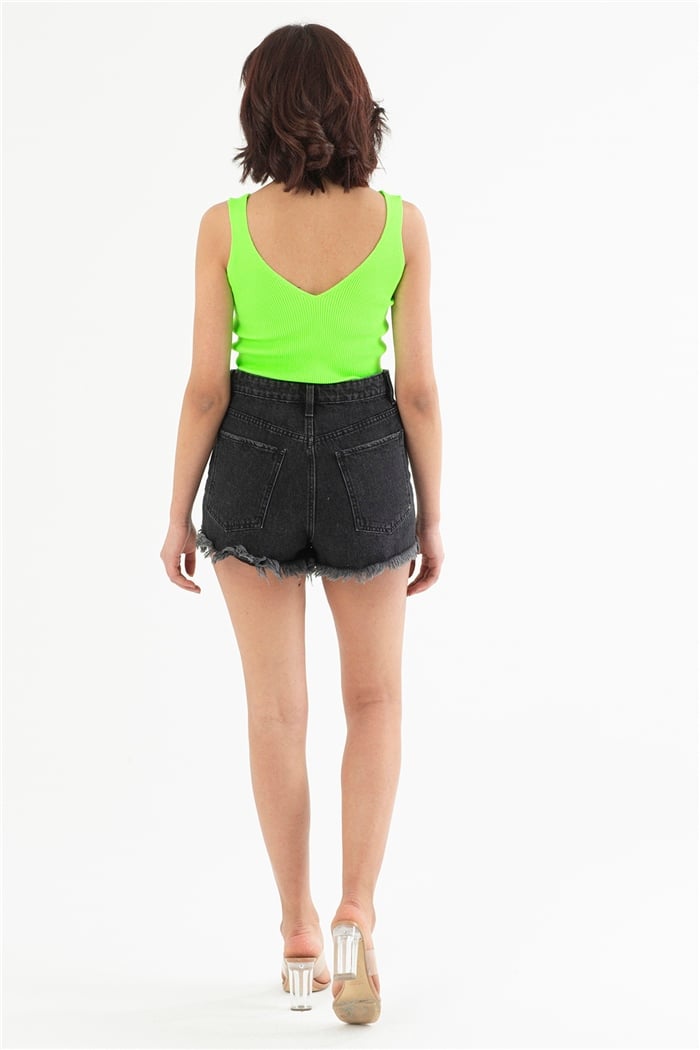 Nisan Fitilli V Yaka Dantelli Triko Bluz  NEON YEŞİLİ  TT1737