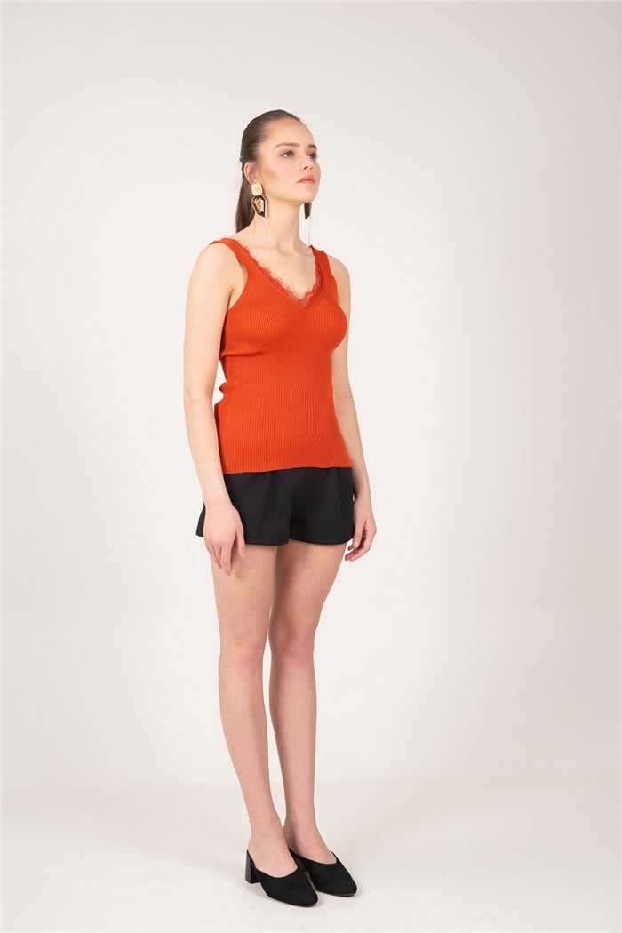 Nisan Fitilli V Yaka Dantelli Triko Bluz  KİREMİT  TT1737