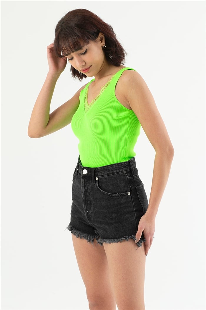 Nisan Fitilli V Yaka Dantelli Triko Bluz  NEON YEŞİLİ  TT1737