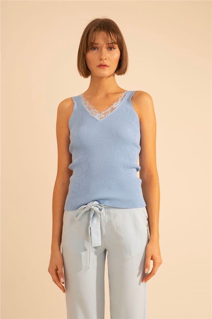 Nisan Fitilli V Yaka Dantelli Triko Bluz  BEBE MAVİ  TT1737