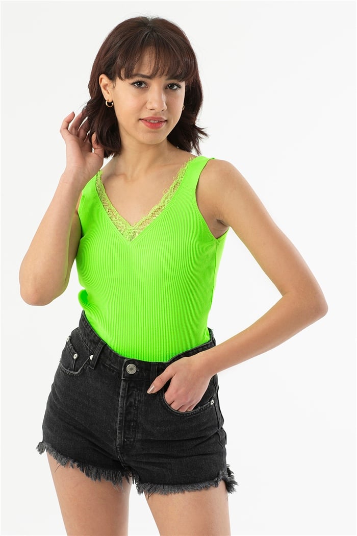 Nisan Fitilli V Yaka Dantelli Triko Bluz  NEON YEŞİLİ  TT1737