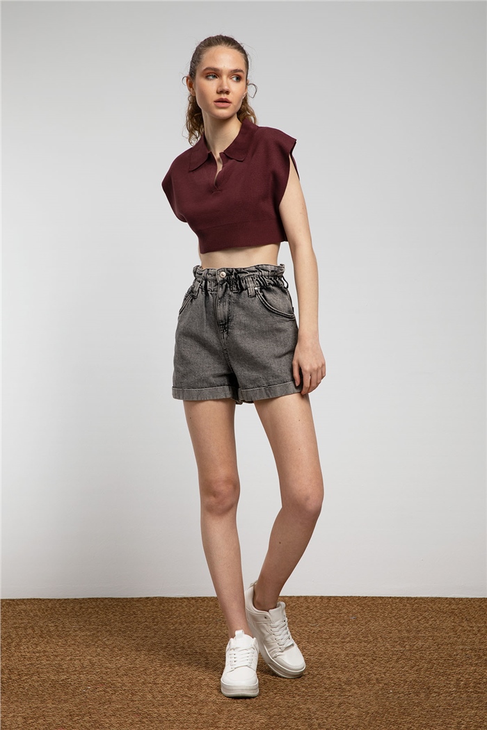 Nisan Gömlek Yaka Crop Triko Süveter  BORDO  TT3109-Z