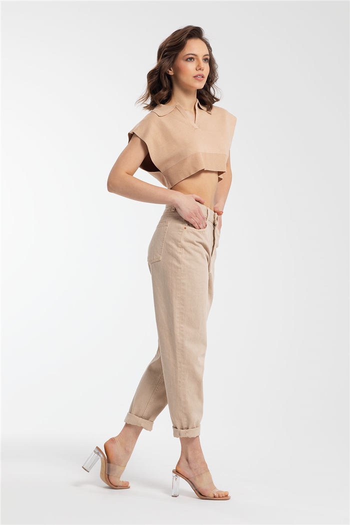 Nisan Gömlek Yaka Crop Triko Süveter  CAMEL  TT3109-Z