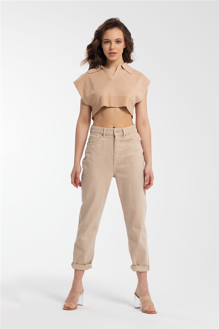 Nisan Gömlek Yaka Crop Triko Süveter  CAMEL  TT3109-Z