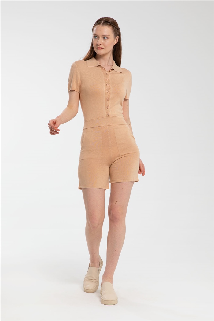 Nisan Gömlek Yaka Mini Triko Tulum  CAMEL  TT3115-Z