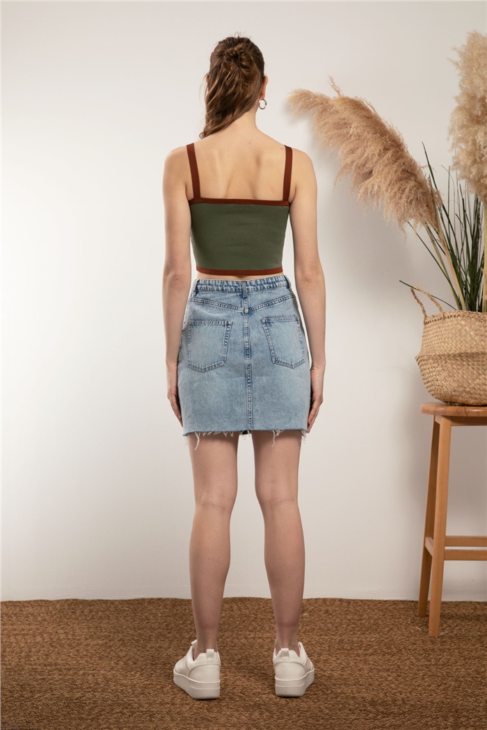 Nisan Jakar Çiçek Desenli Triko Crop  HAKİ  TT2998-Z