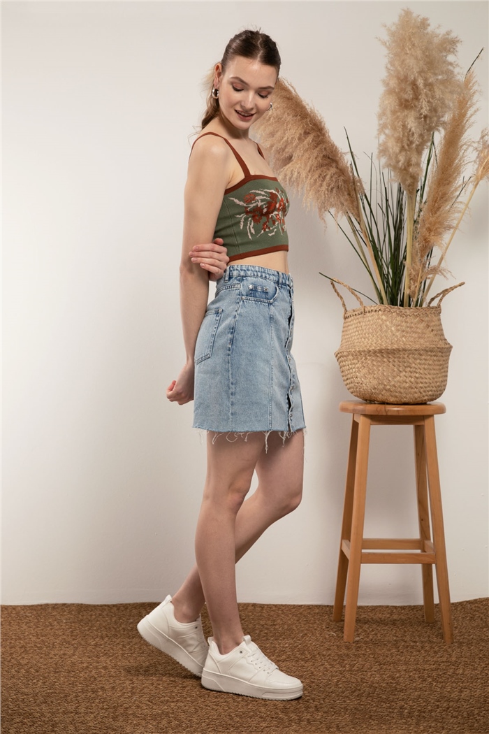 Nisan Jakar Çiçek Desenli Triko Crop  HAKİ  TT2998-Z