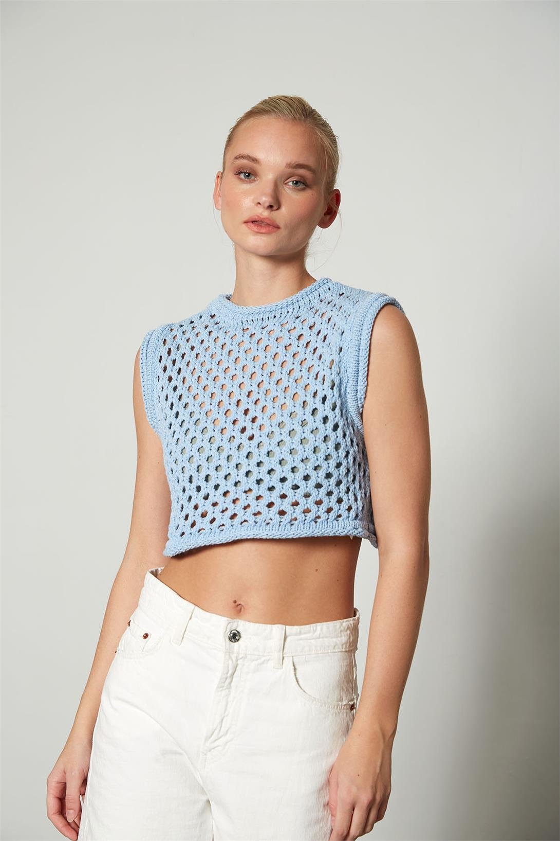 Nisan Kadın Ajurlu Crop Triko Süveter BEBE MAVİ TT3131-Z