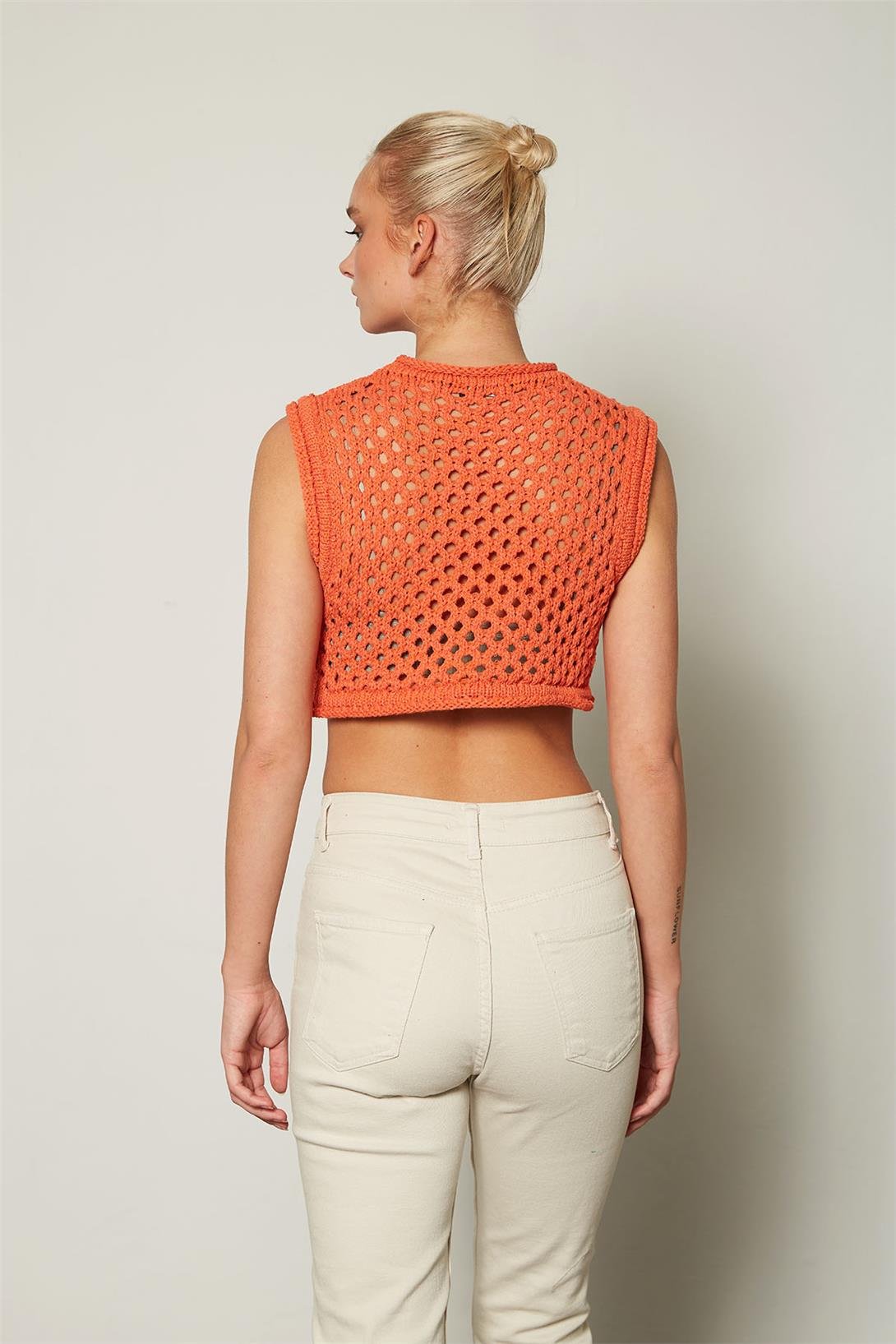 Nisan Kadın Ajurlu Crop Triko Süveter ORANJ TT3131-Z