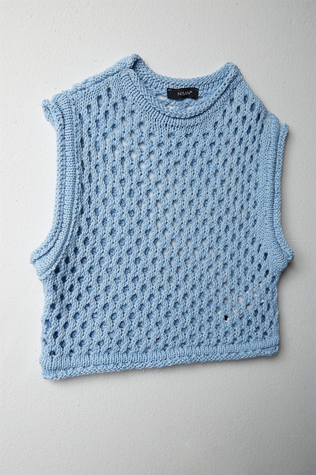 Nisan Kadın Ajurlu Crop Triko Süveter BEBE MAVİ TT3131-Z