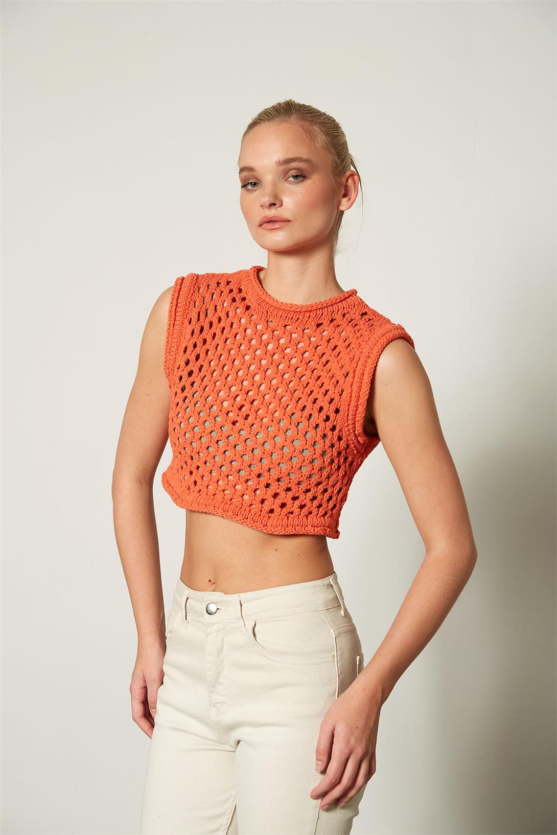 Nisan Kadın Ajurlu Crop Triko Süveter ORANJ TT3131-Z