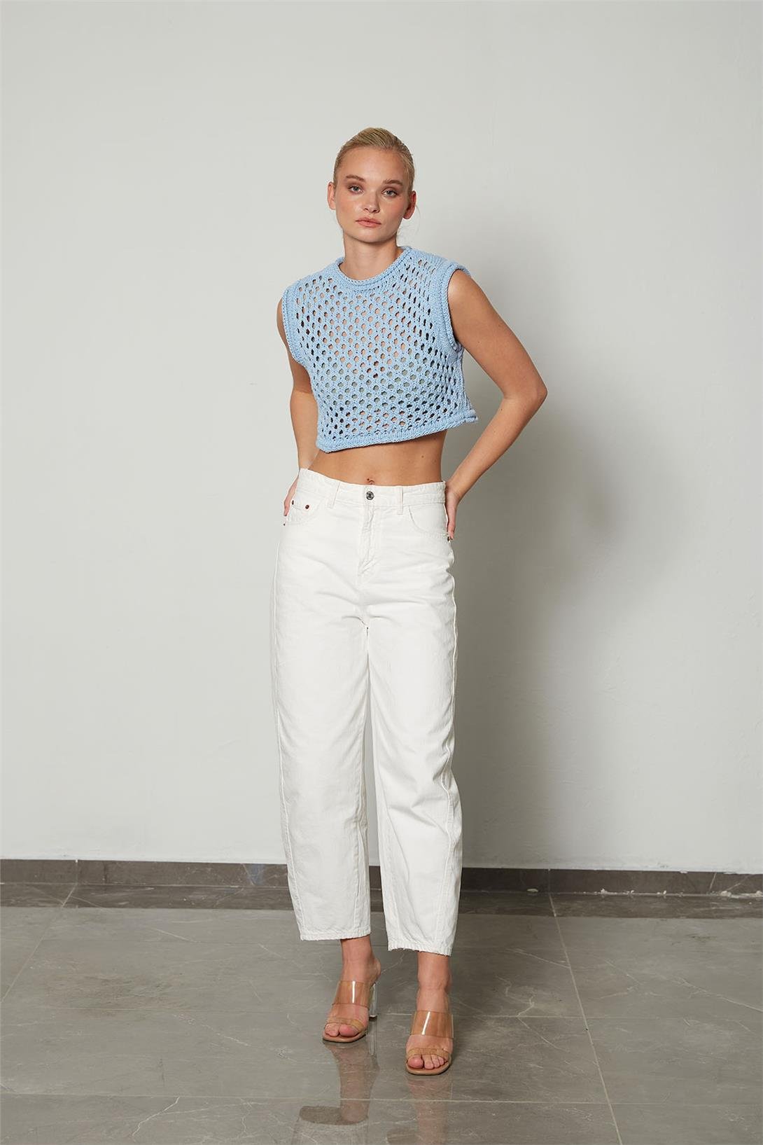 Nisan Kadın Ajurlu Crop Triko Süveter BEBE MAVİ TT3131-Z