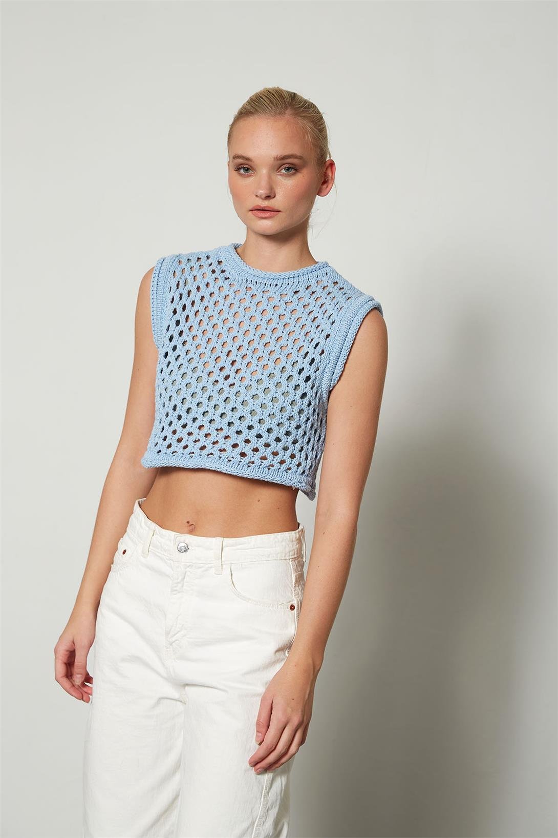 Nisan Kadın Ajurlu Crop Triko Süveter BEBE MAVİ TT3131-Z