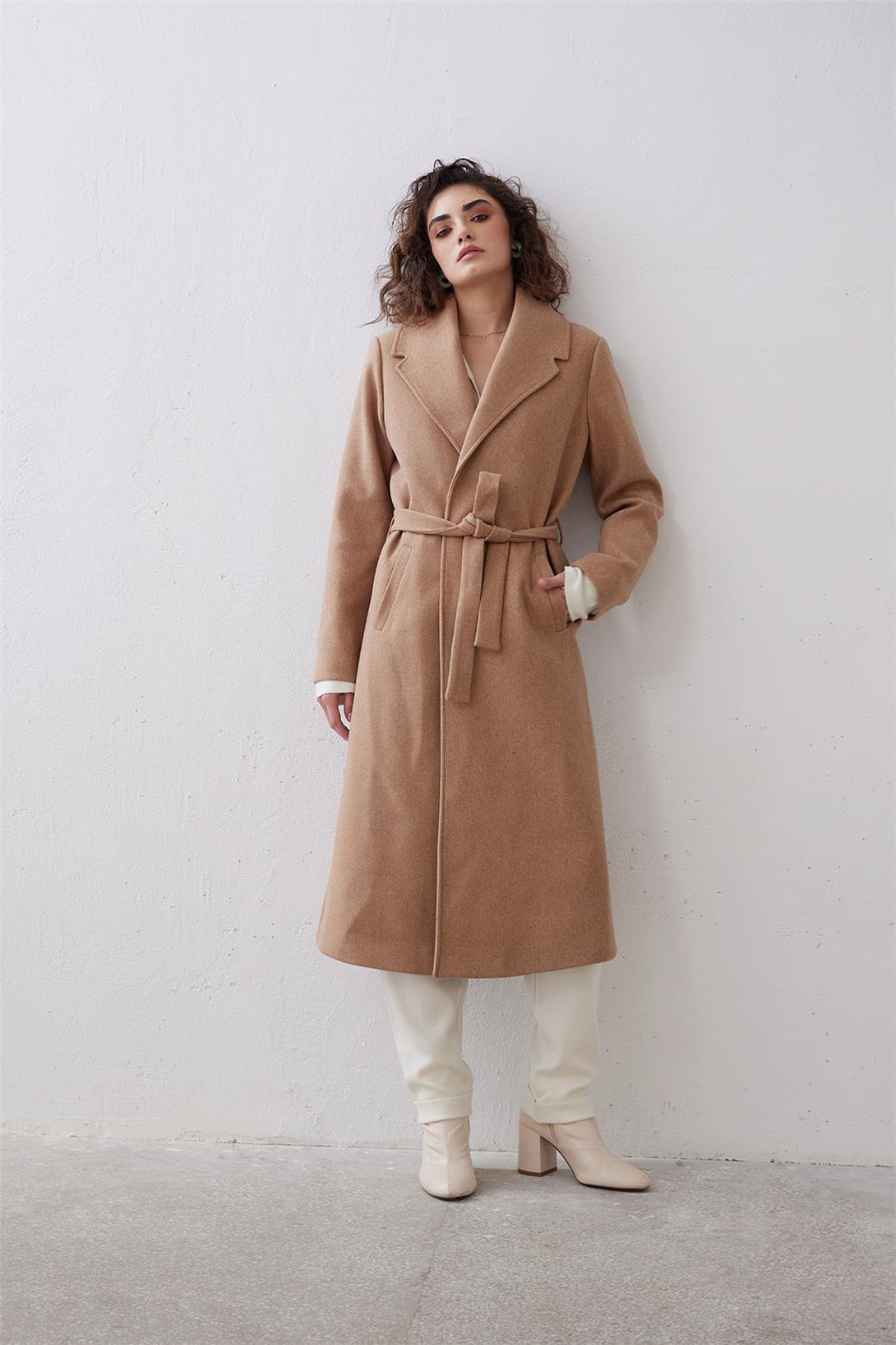 Nisan Kadın Beli Kuşaklı Uzun Kaban CAMEL PD24-1054