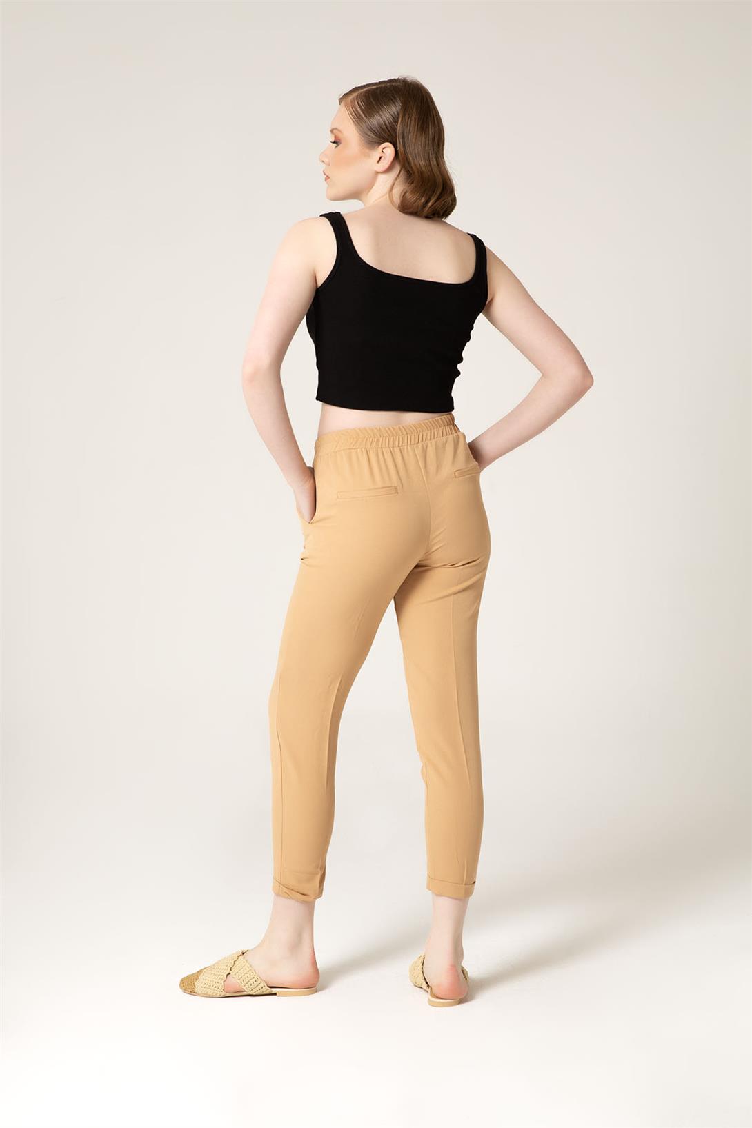 Nisan Kadın Beli Lastikli Duble Paça Pantolon CAMEL P4508