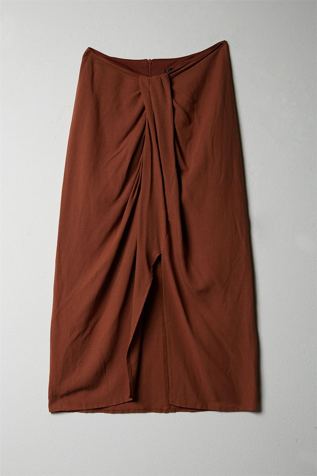 Nisan Kadın Drape Detaylı Keten Etek KAHVE N23-1633