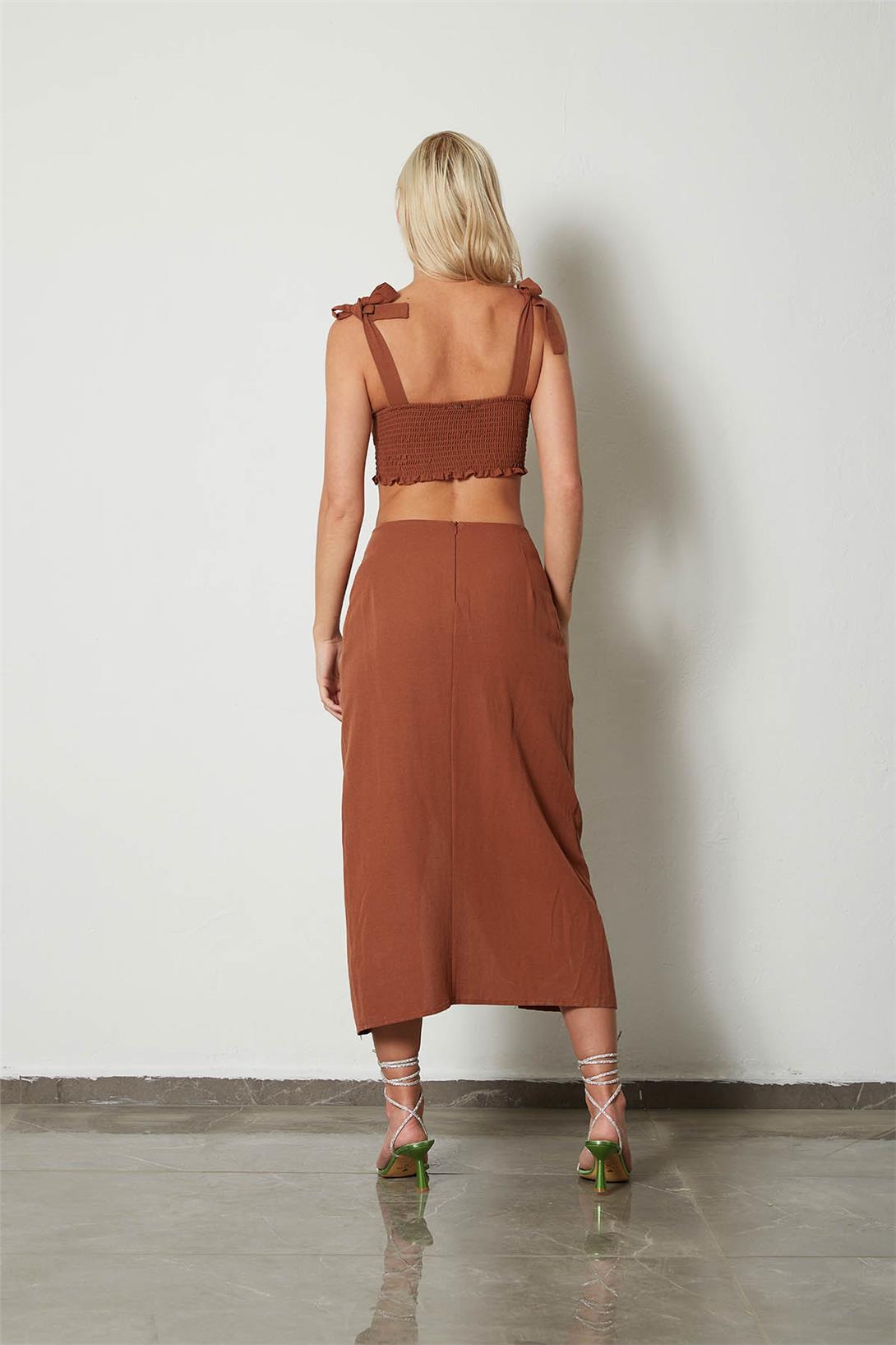 Nisan Kadın Drape Detaylı Keten Etek KAHVE N23-1633