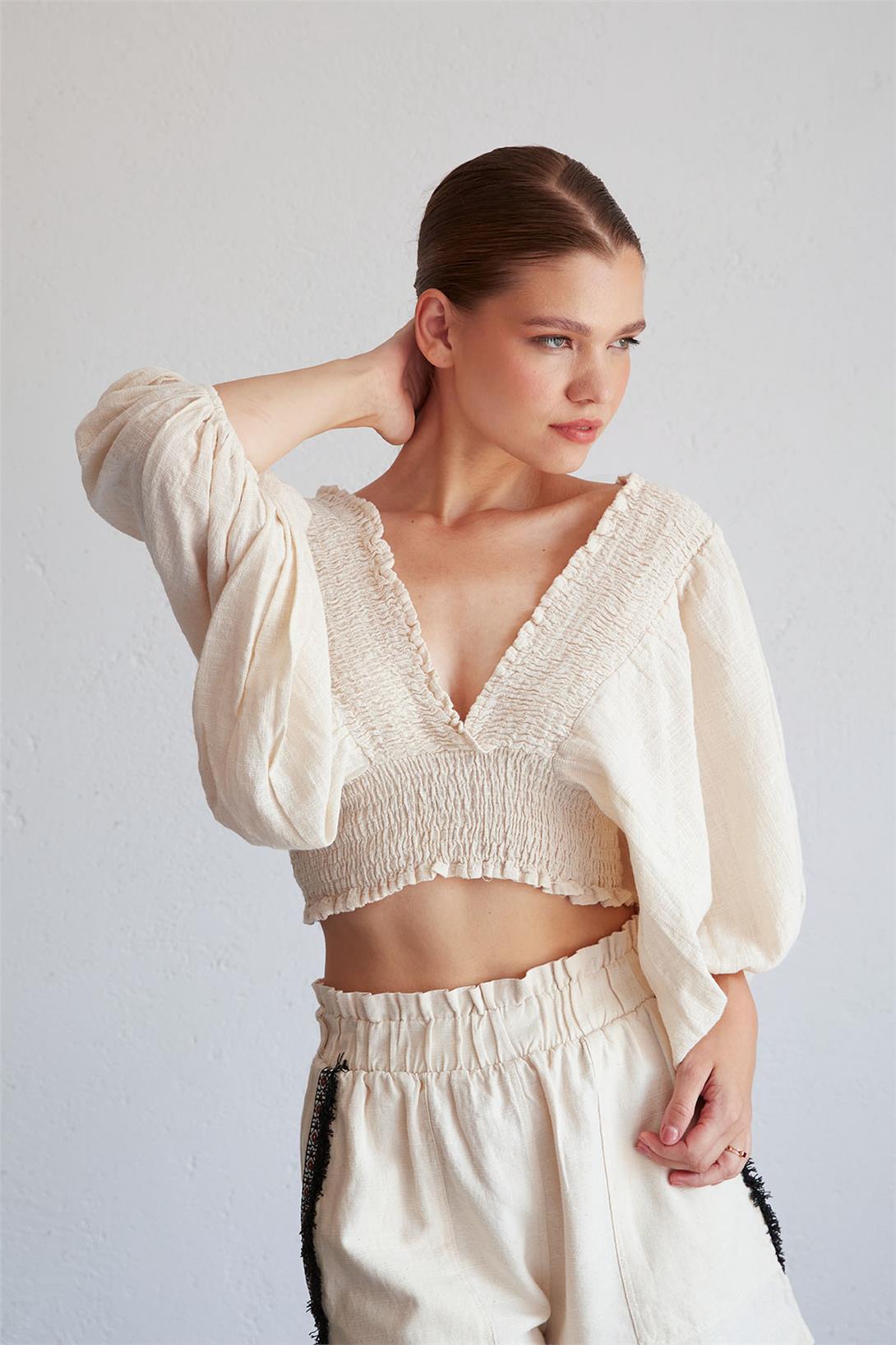 Nisan Kadın KETEN GİPELİ BLUZ NATUREL N22-1348