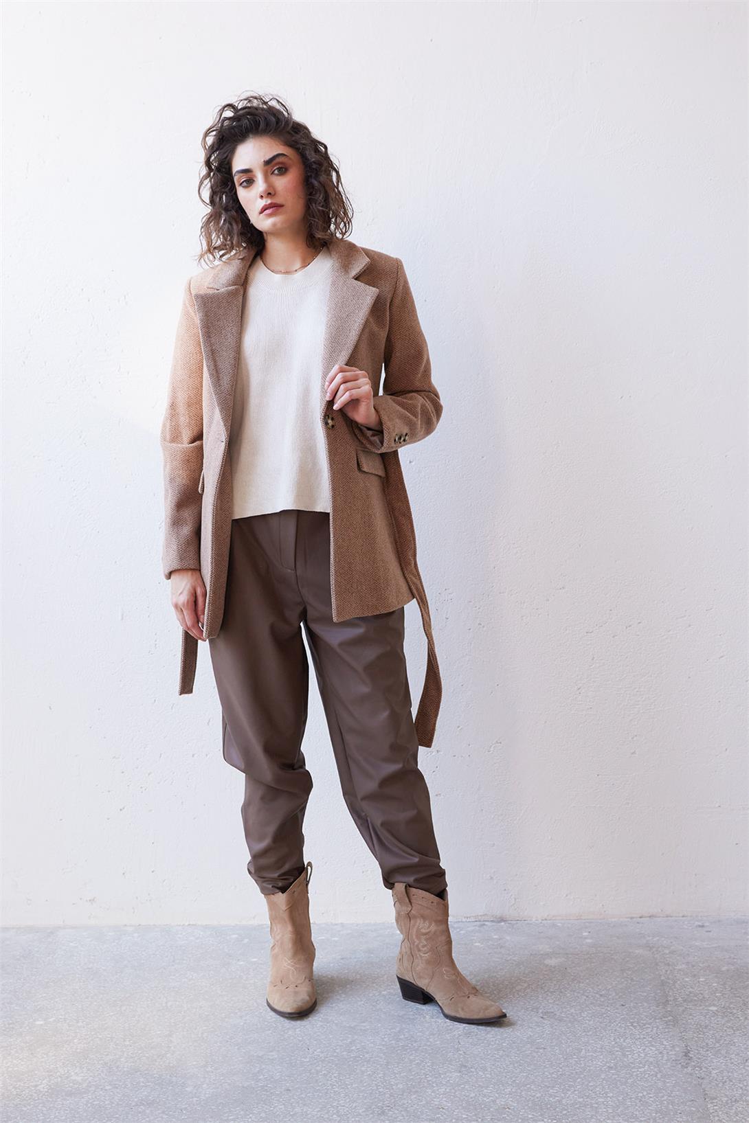 Nisan Kadın Kuşaklı Kaşe Kaban CAMEL PD24-1053
