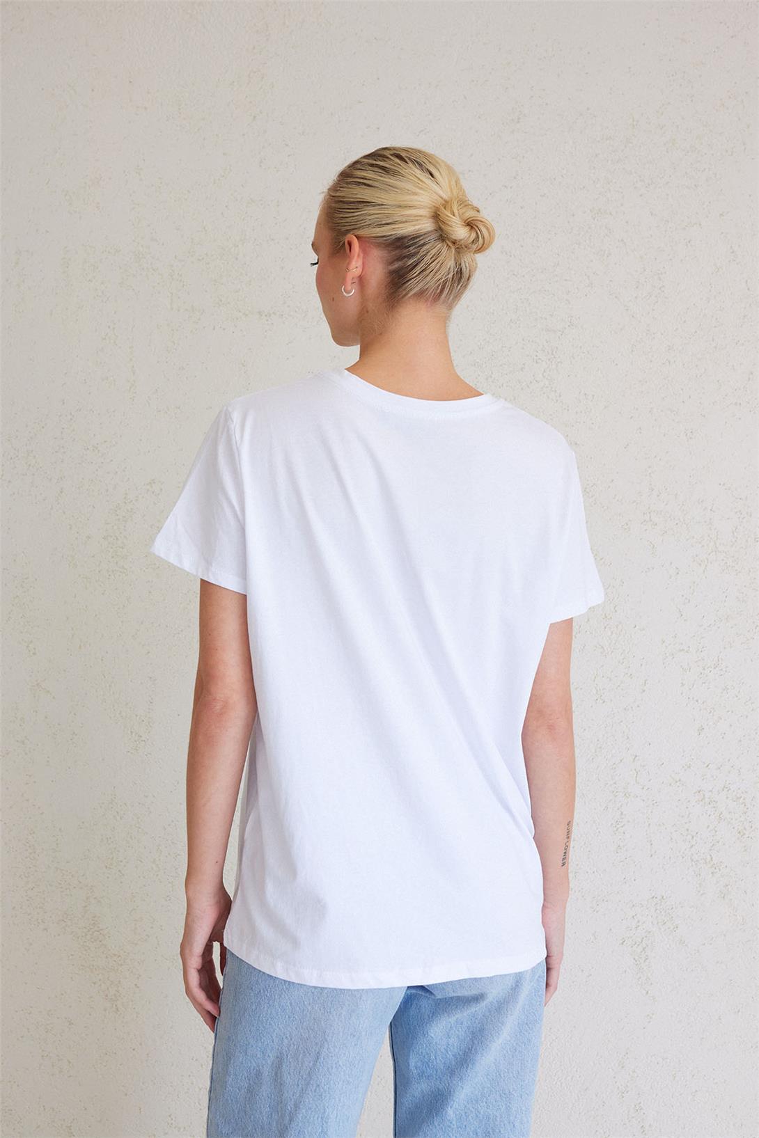 Nisan Kadın Önü Taş İşlemeli T-Shirt BEYAZ N23-1650