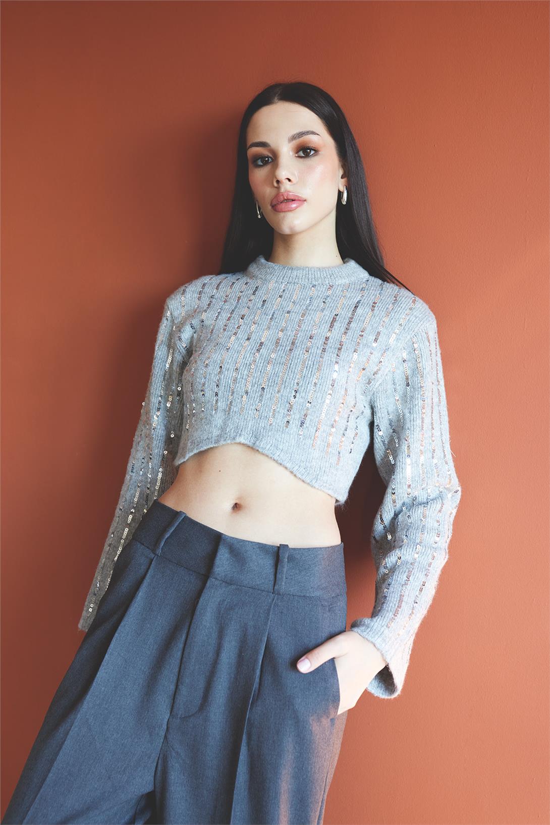 Nisan Kadın Pullu Crop Triko Kazak GRİ TT4125-Z
