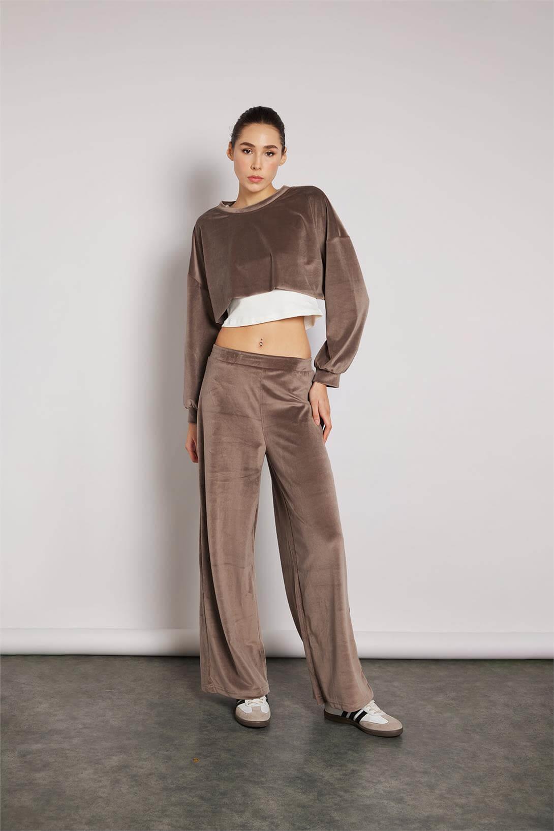 Nisan Kadın UZUN KOLLU KADİFE SWEATSHIRT VİZON N25-1996