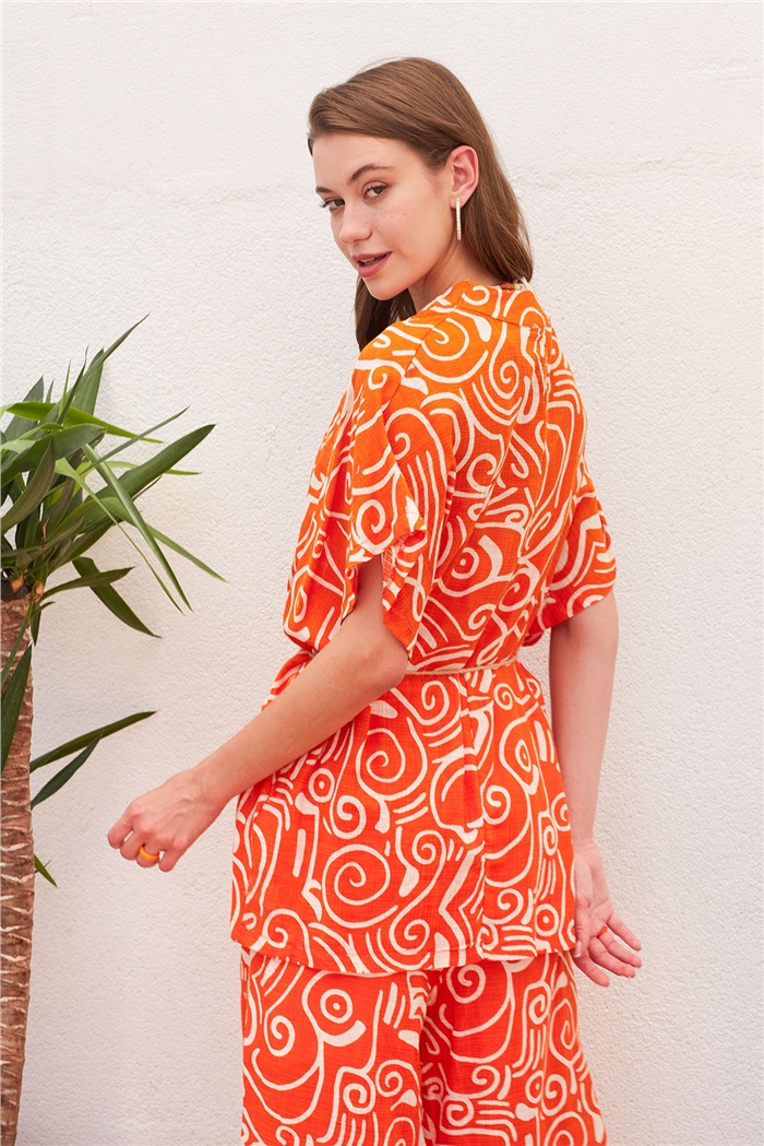 Nisan Keten Hasır Kemerli Kimono  ORANJ  N22-1468