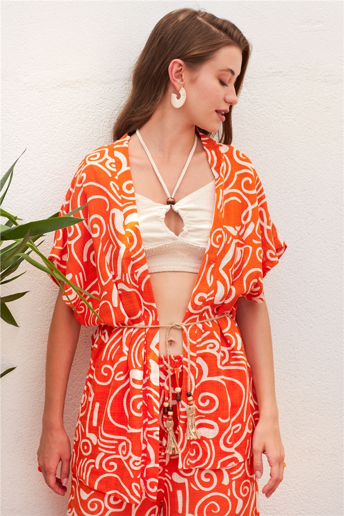 Nisan Keten Hasır Kemerli Kimono  ORANJ  N22-1468