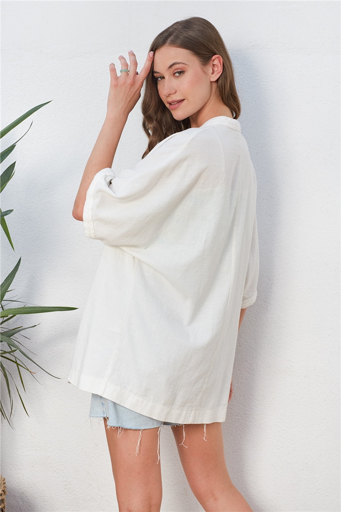 Nisan Keten Şerit Detaylı Kimono  EKRU  N22-1459