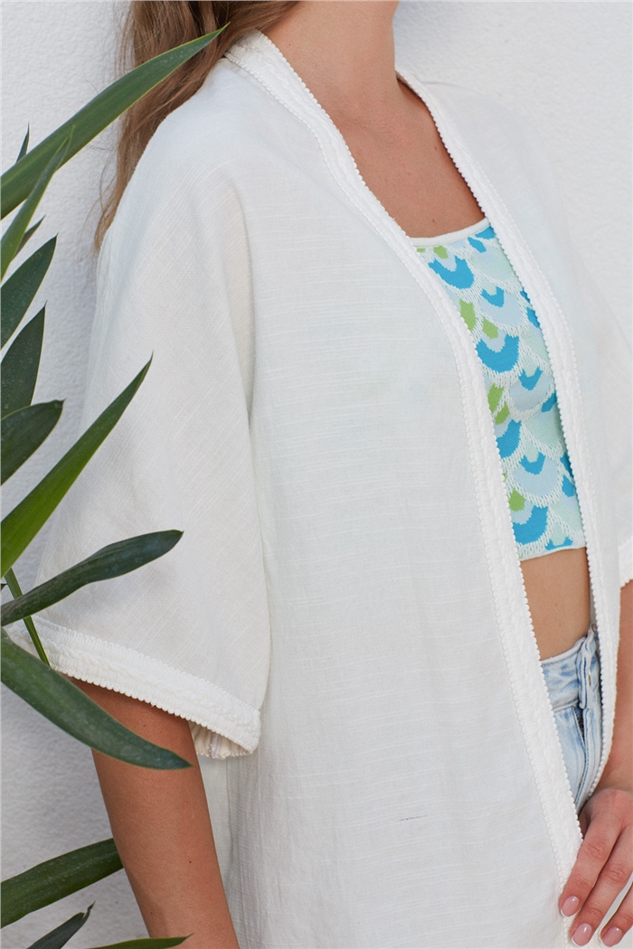 Nisan Keten Şerit Detaylı Kimono  EKRU  N22-1459
