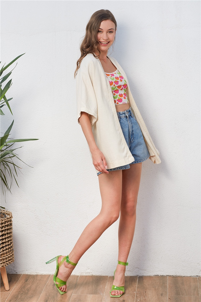 Nisan Keten Şerit Detaylı Kimono  HAM  N22-1459