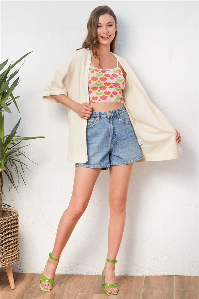 Nisan Keten Şerit Detaylı Kimono  HAM  N22-1459
