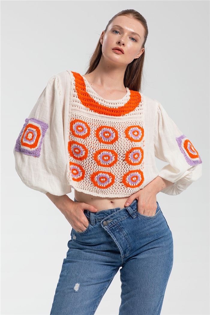 Nisan Kroşe Detaylı Bluz  ORANJ  N21-1149