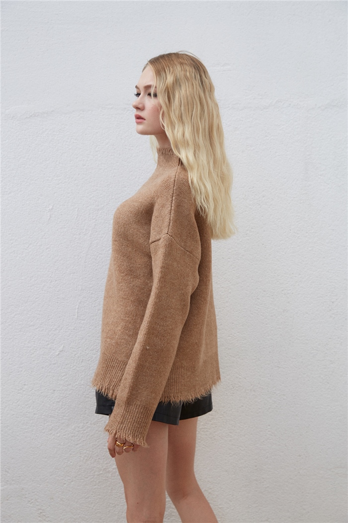 Nisan Saçaklı Triko Kazak  CAMEL  TT3722-Z