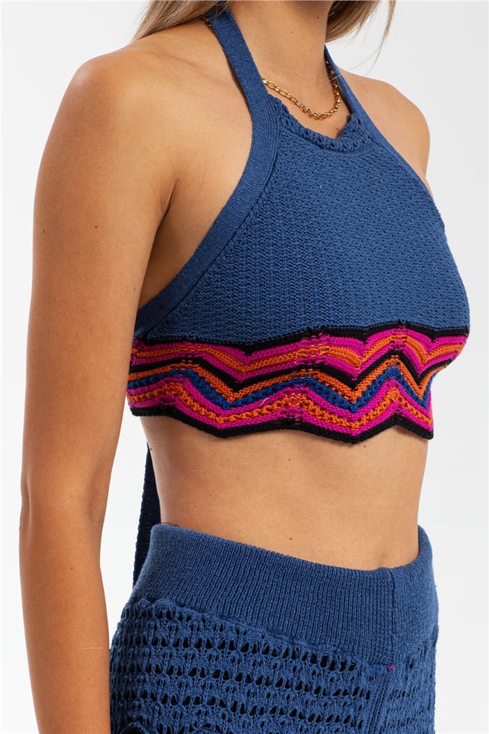 Nisan Zikzak Desenli Bağcıklı Triko Crop  İNDİGO  TT3219-Z