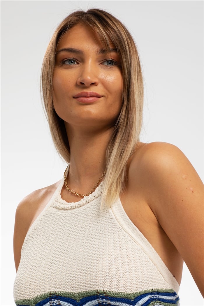 Nisan Zikzak Desenli Bağcıklı Triko Crop  HAM  TT3219-Z