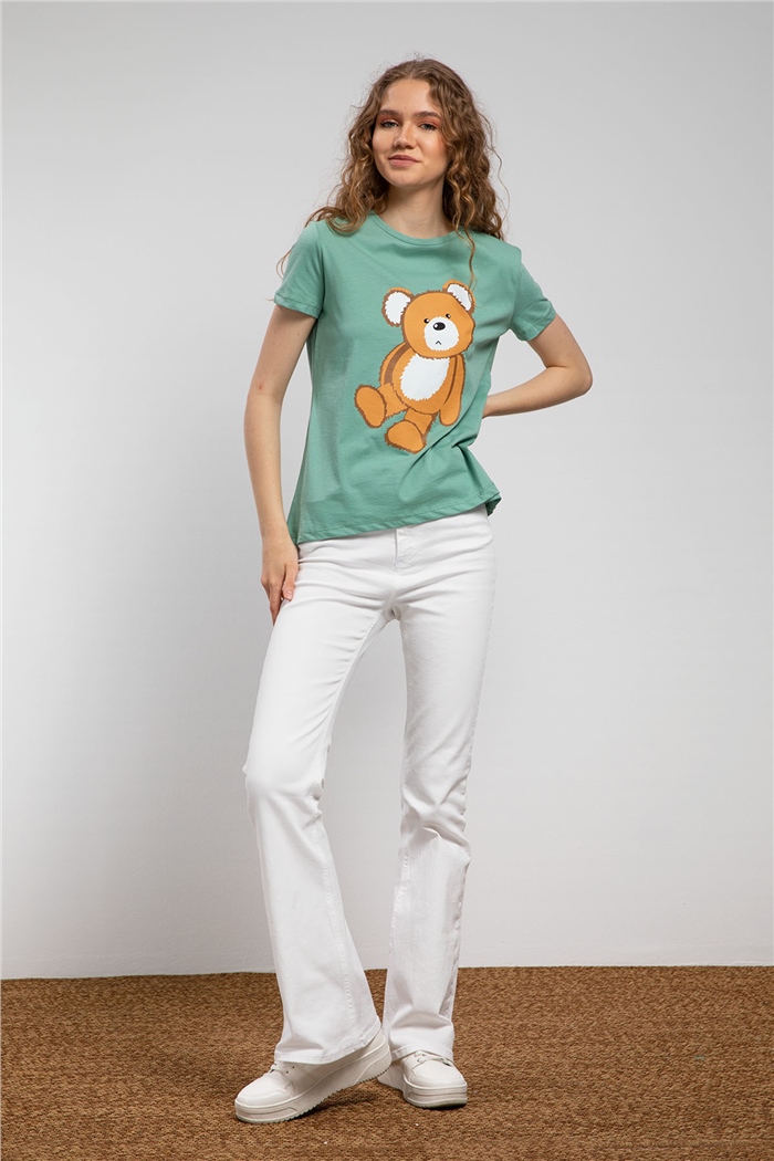 Avrile Ayıcık Baskılı T-Shirt  MİNT YEŞİLİ  A21-10433