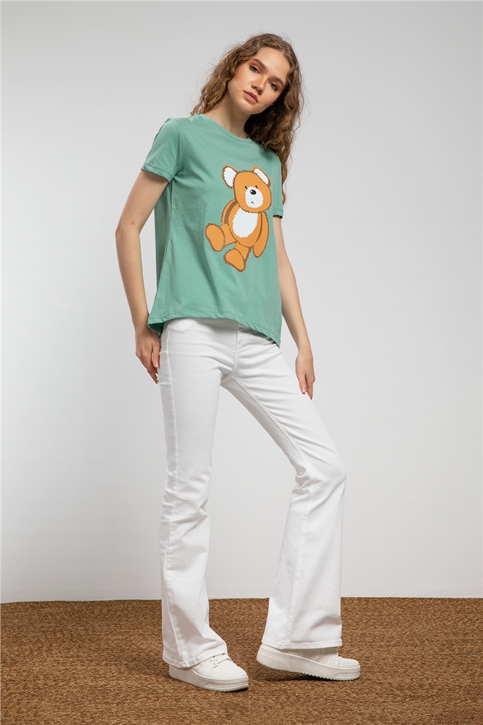 Avrile Ayıcık Baskılı T-Shirt  MİNT YEŞİLİ  A21-10433