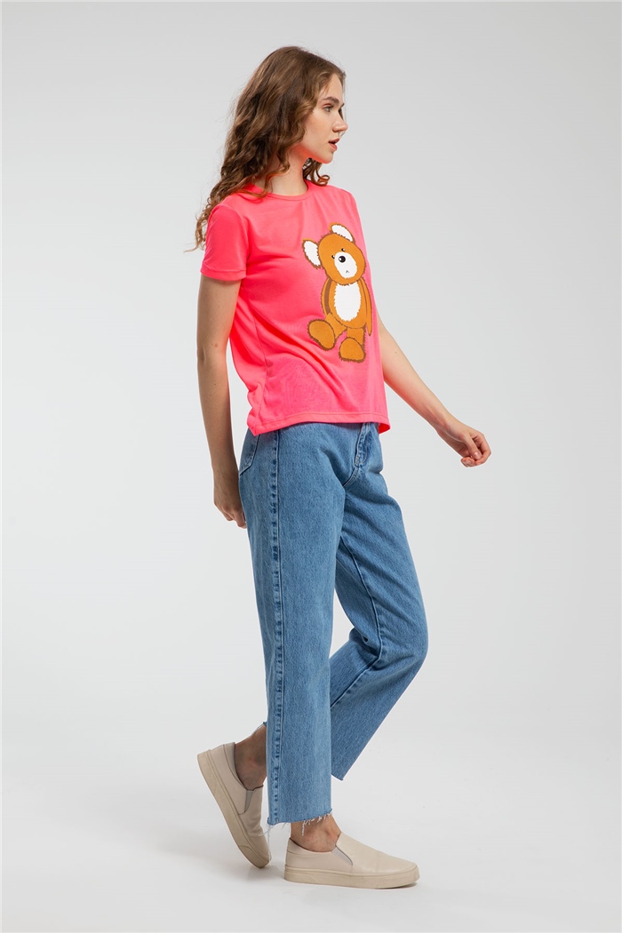 Avrile Ayıcık Baskılı T-Shirt  NEON FUŞYA  A21-10433