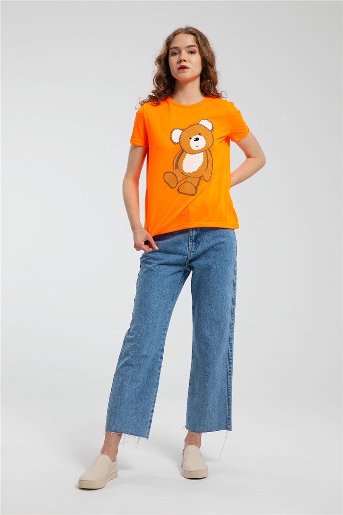 Avrile Ayıcık Baskılı T-Shirt  NEON ORANJ  A21-10433