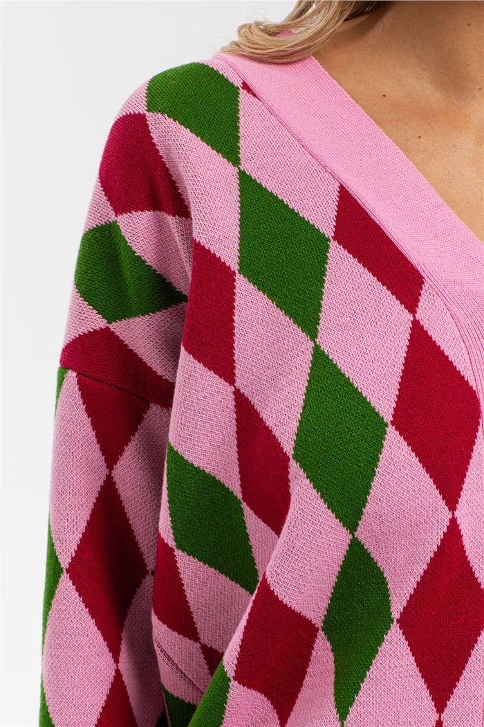 Avrile Baklava Desenli Triko Hırka  PEMBE-BORDO  A91824-S