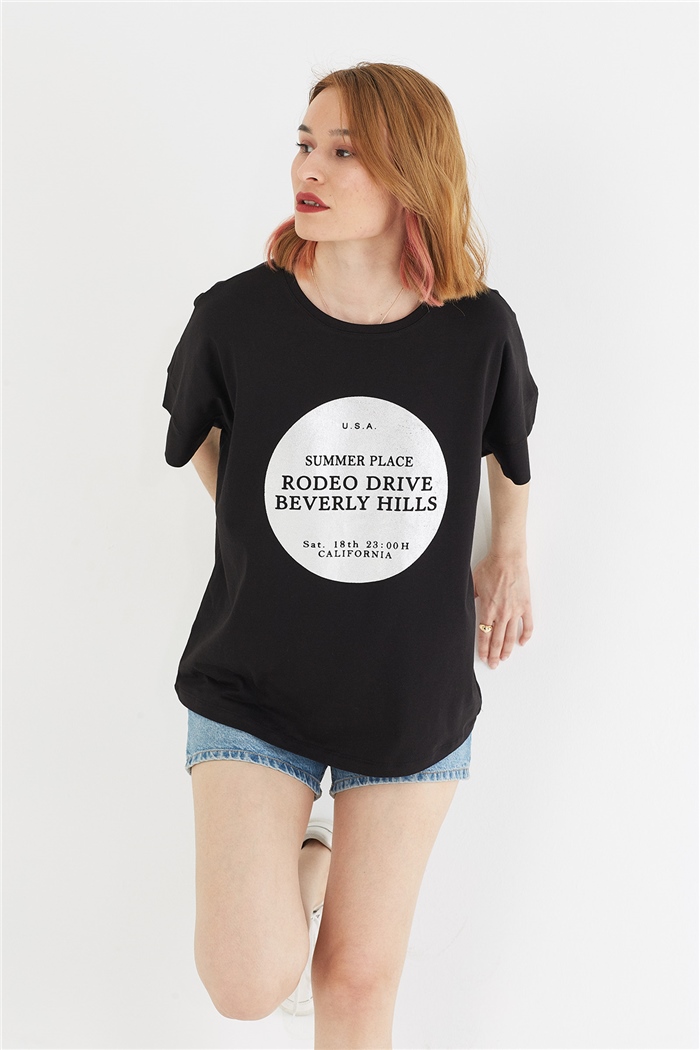 Avrile BASKILI T-SHIRT  SİYAH  A22-10552