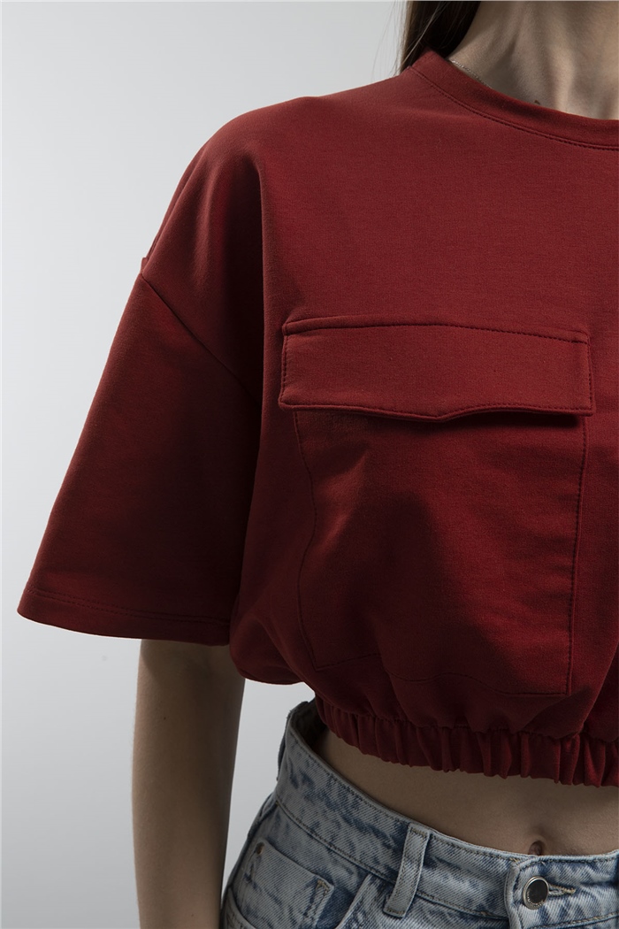 Avrile Beli Lastikli Cepli Crop Bluz  BORDO  A21-10356