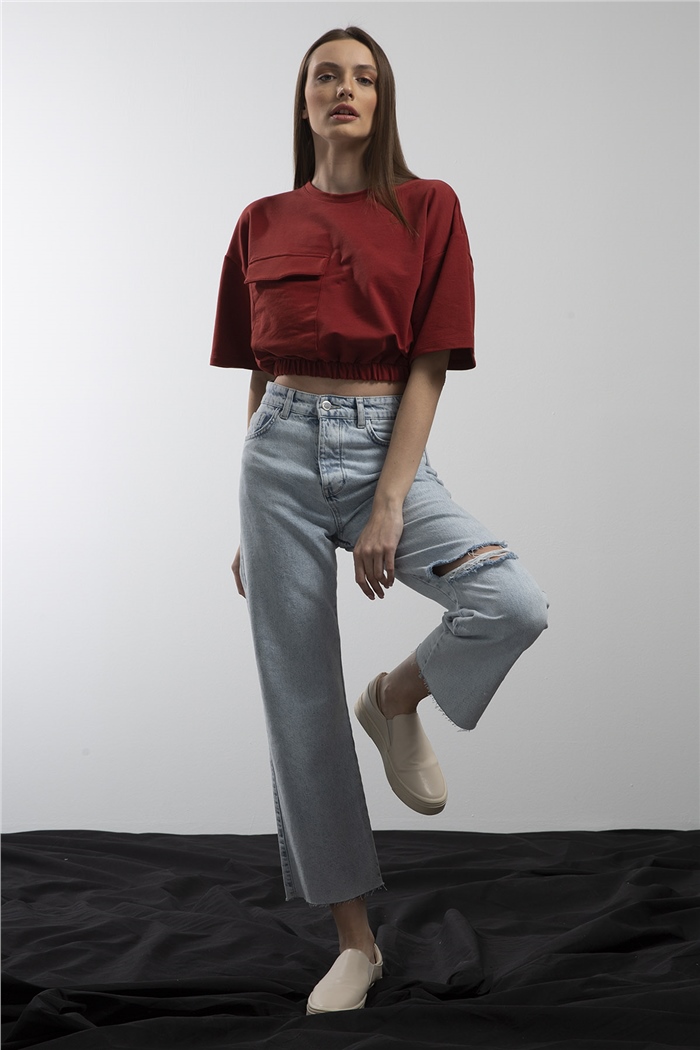 Avrile Beli Lastikli Cepli Crop Bluz  BORDO  A21-10356
