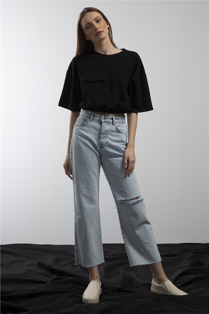 Avrile Beli Lastikli Cepli Crop Bluz  SİYAH  A21-10356
