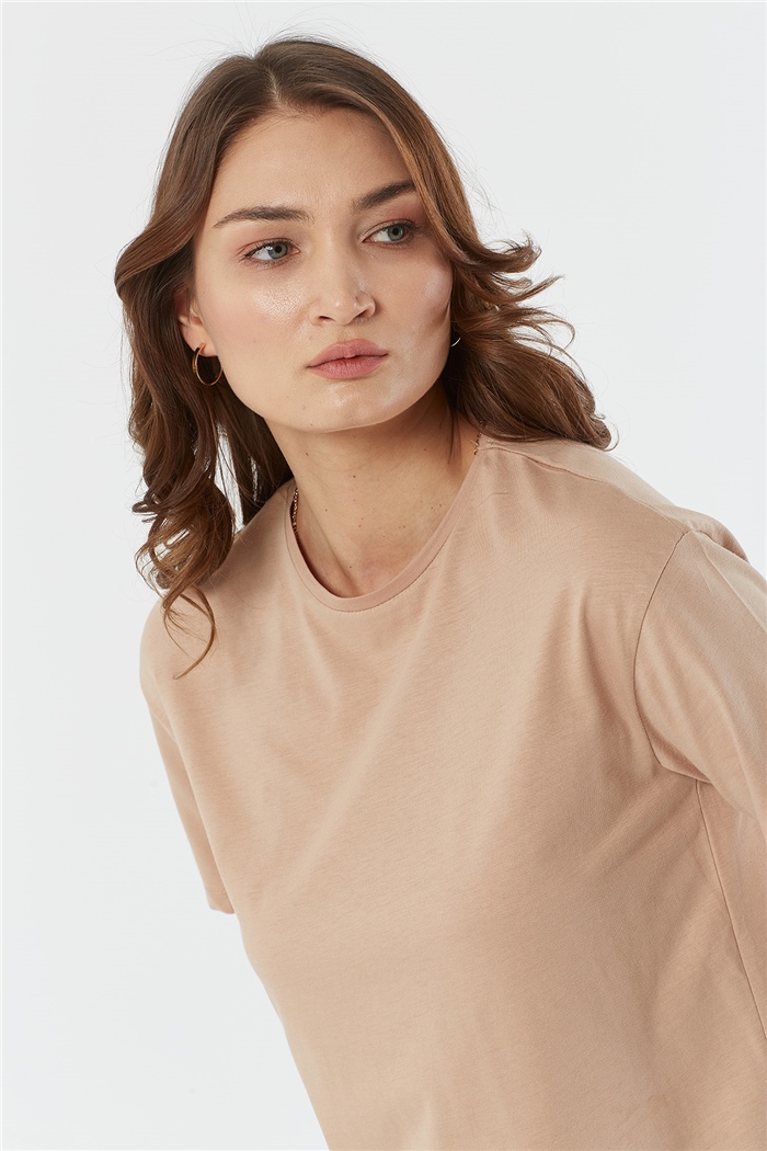 Avrile Bisiklet Yaka Basic T-shirt Kısa  BEJ  A22-10528