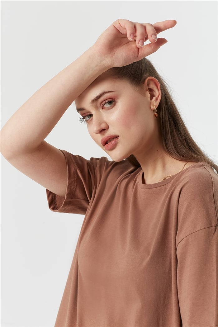 Avrile Bisiklet Yaka Basic Uzun T-shirt  KAHVE  A22-10531