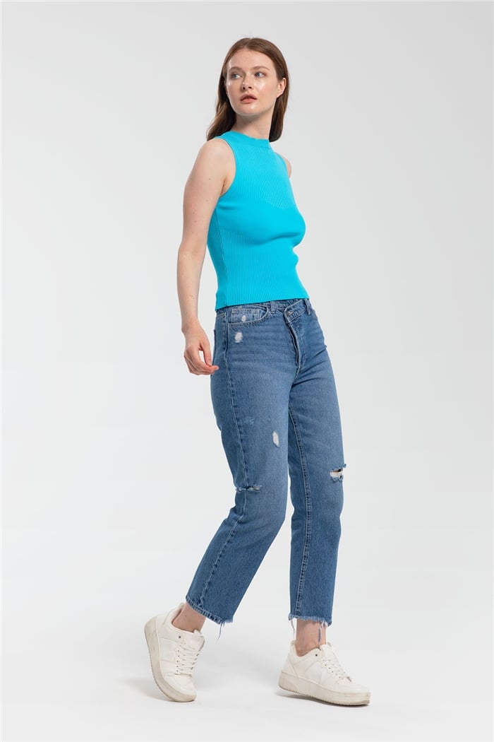 Avrile Bisiklet Yaka Fitilli Triko Atlet  AQUA  A91665-S